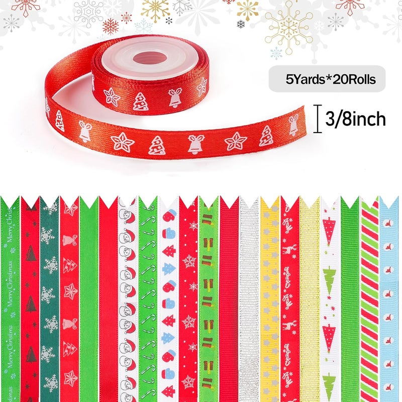 CCTVRTV 20 Rolls 100 Yards Christmas Ribbon for Gift Wrapping, 3/8 Inch Printed Christmas Grosgrain Ribbon, Christmas Ribbon for Gift Wrapping Crafts DIY Holiday Xmas Decorations - Image 2